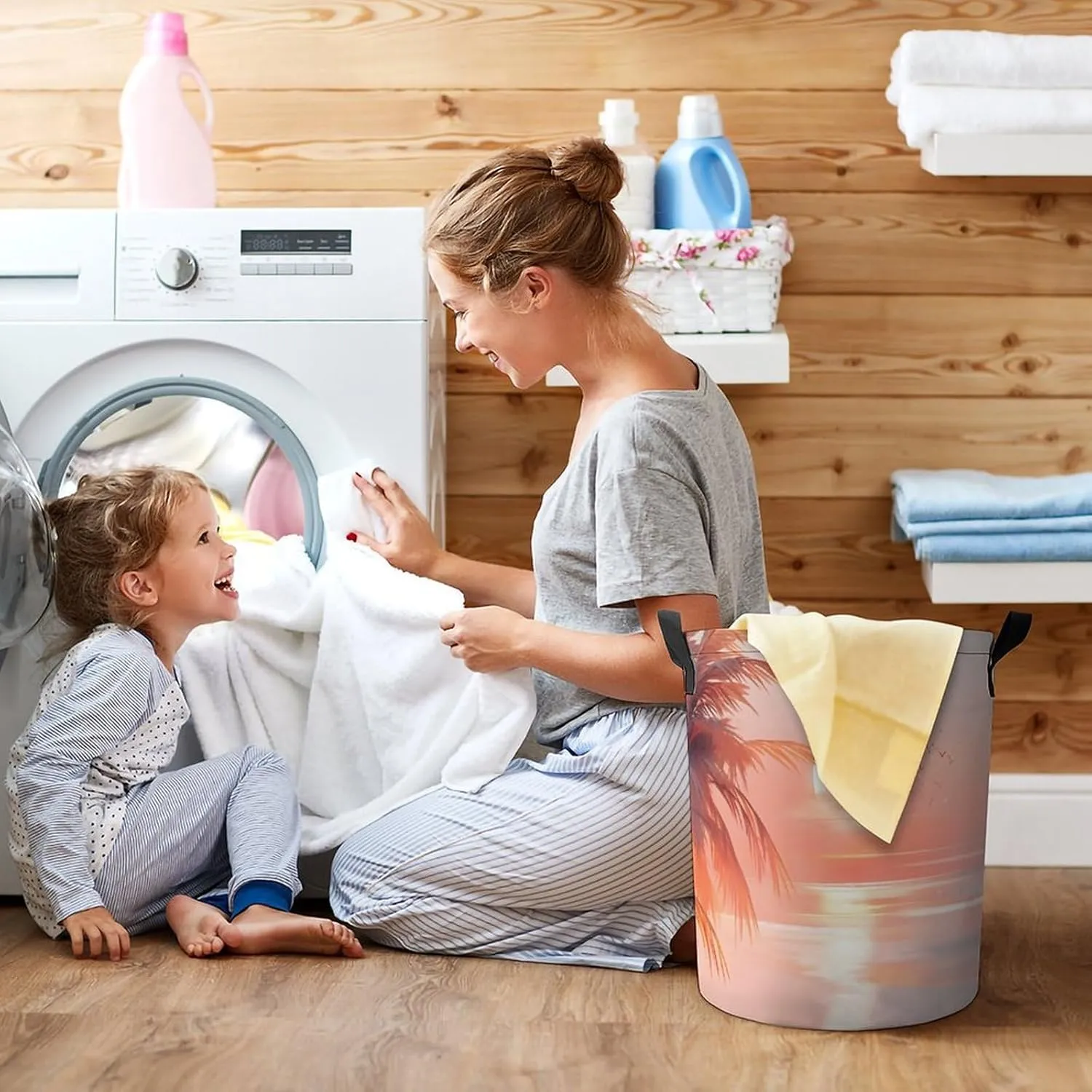 Laundry Hampers, Large Drawstring Laundry Bag, Removable Laundry Bags, Collapsible Storage Bin with Handles for Home Organization, Kids Room, Nursery Afterglow