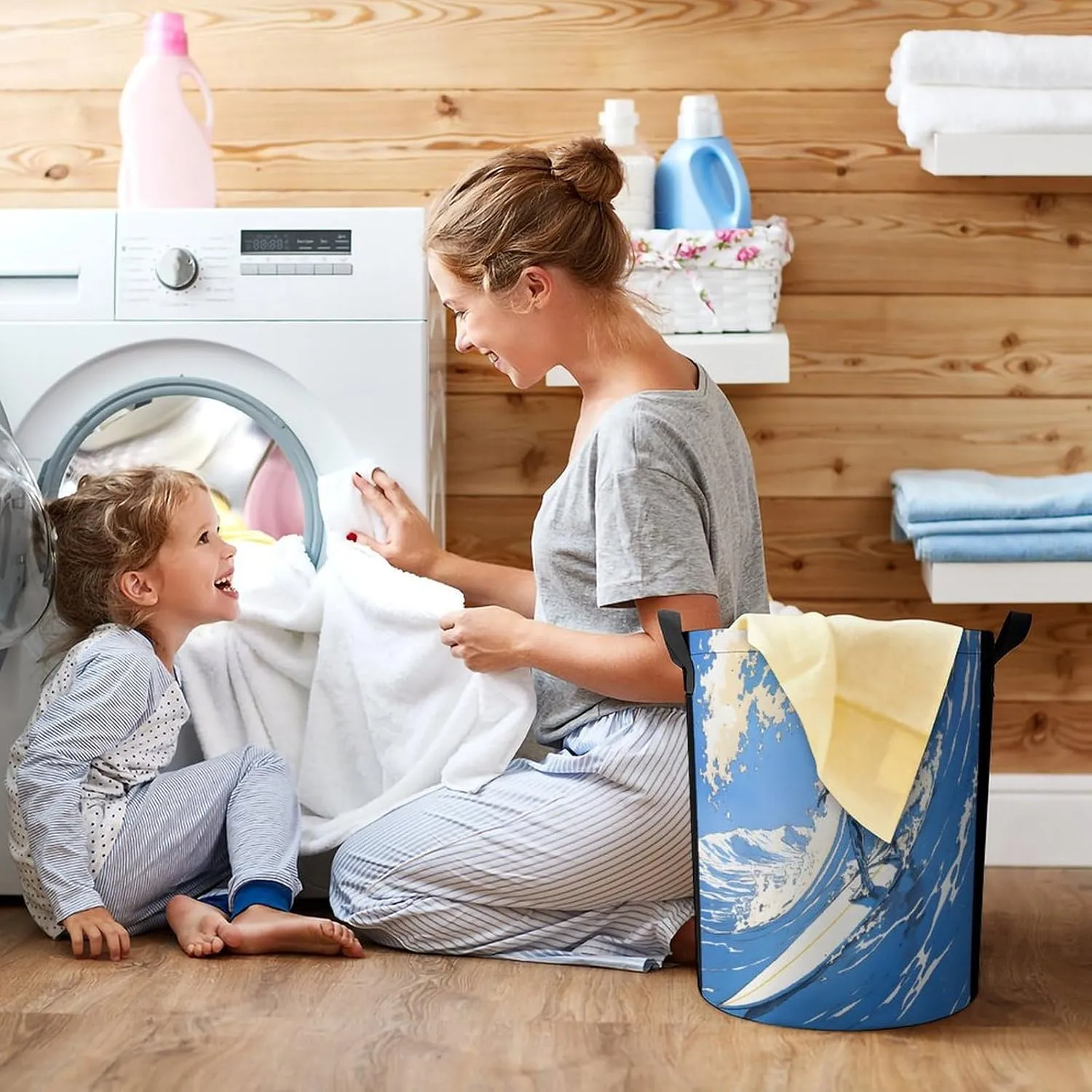 Laundry Hampers, Large Drawstring Laundry Bag, Removable Laundry Bags, Collapsible Storage Bin with Handles for Home Organization, Kids Room, Nursery Azure