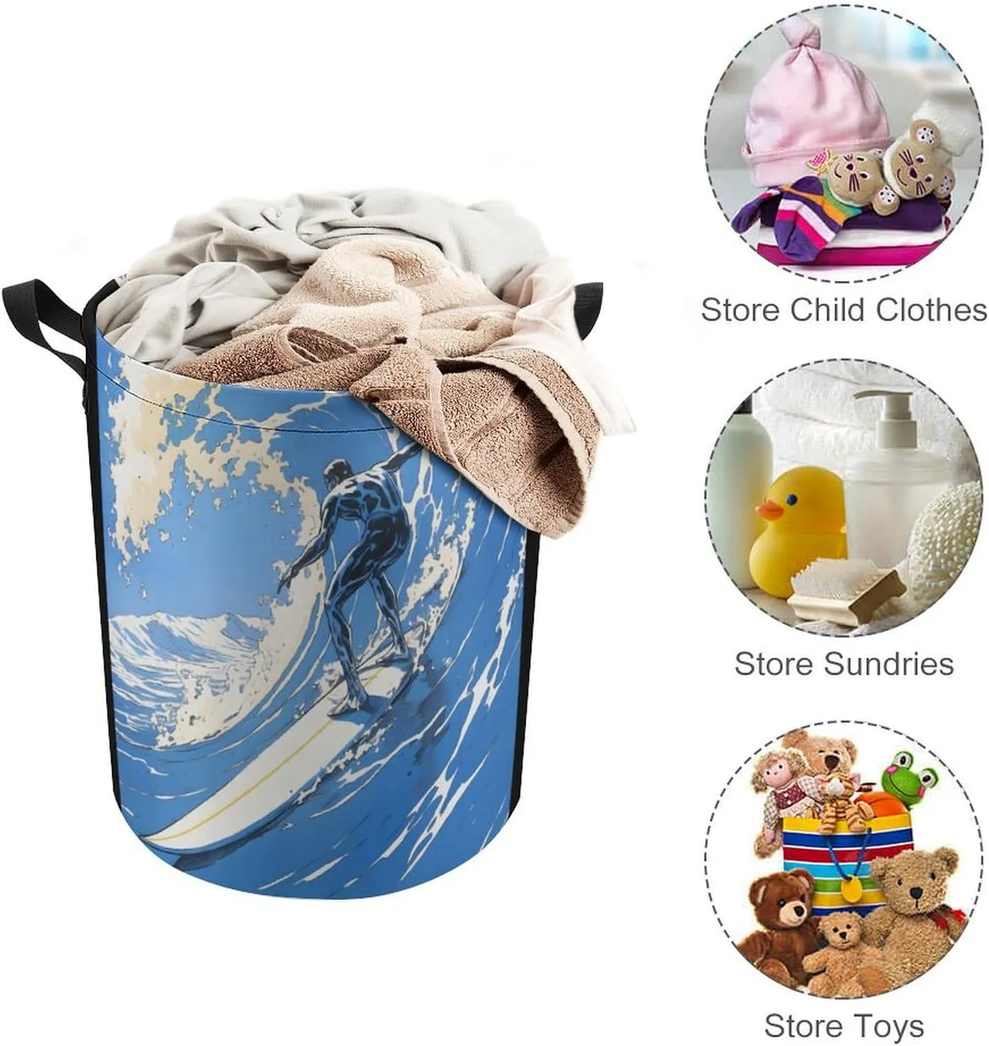 Laundry Hampers, Large Drawstring Laundry Bag, Removable Laundry Bags, Collapsible Storage Bin with Handles for Home Organization, Kids Room, Nursery Azure
