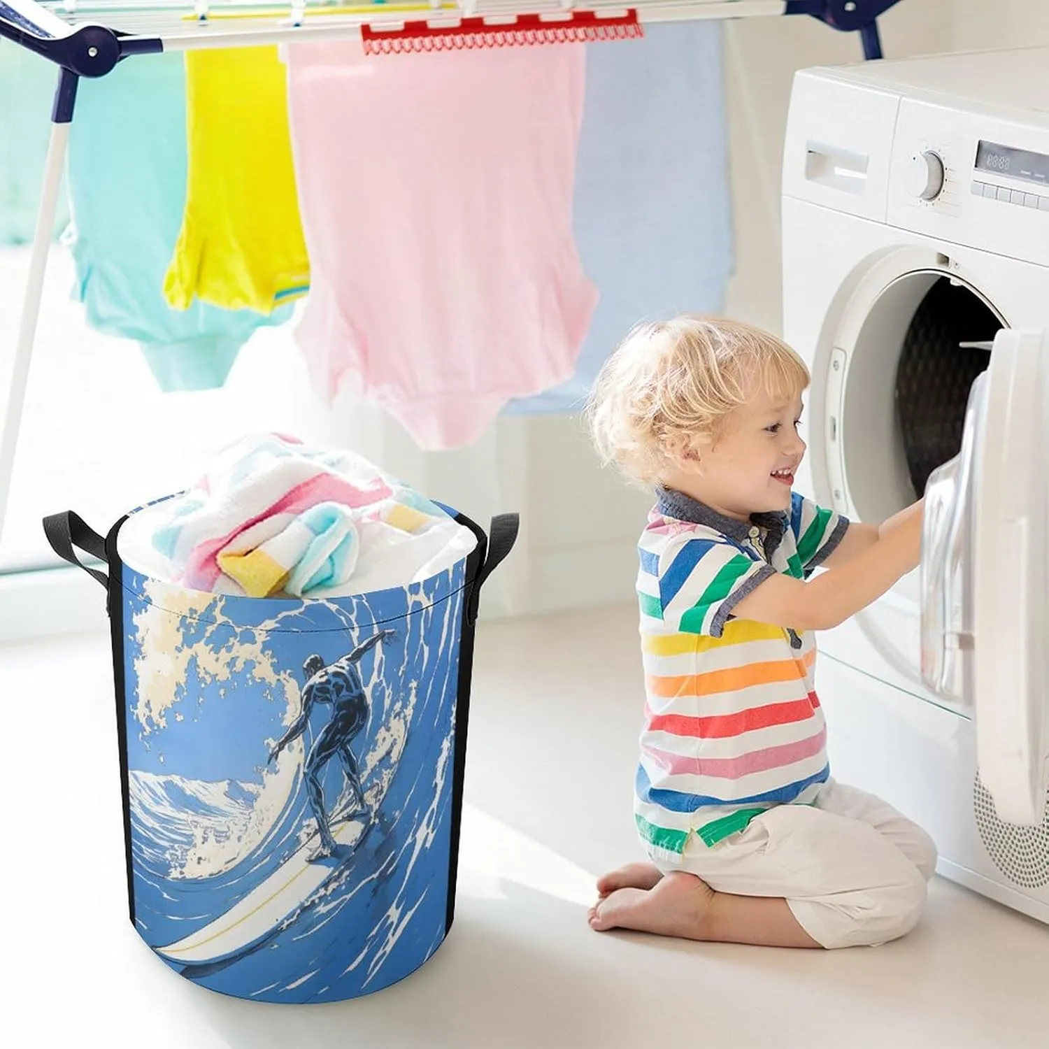 Laundry Hampers, Large Drawstring Laundry Bag, Removable Laundry Bags, Collapsible Storage Bin with Handles for Home Organization, Kids Room, Nursery Azure