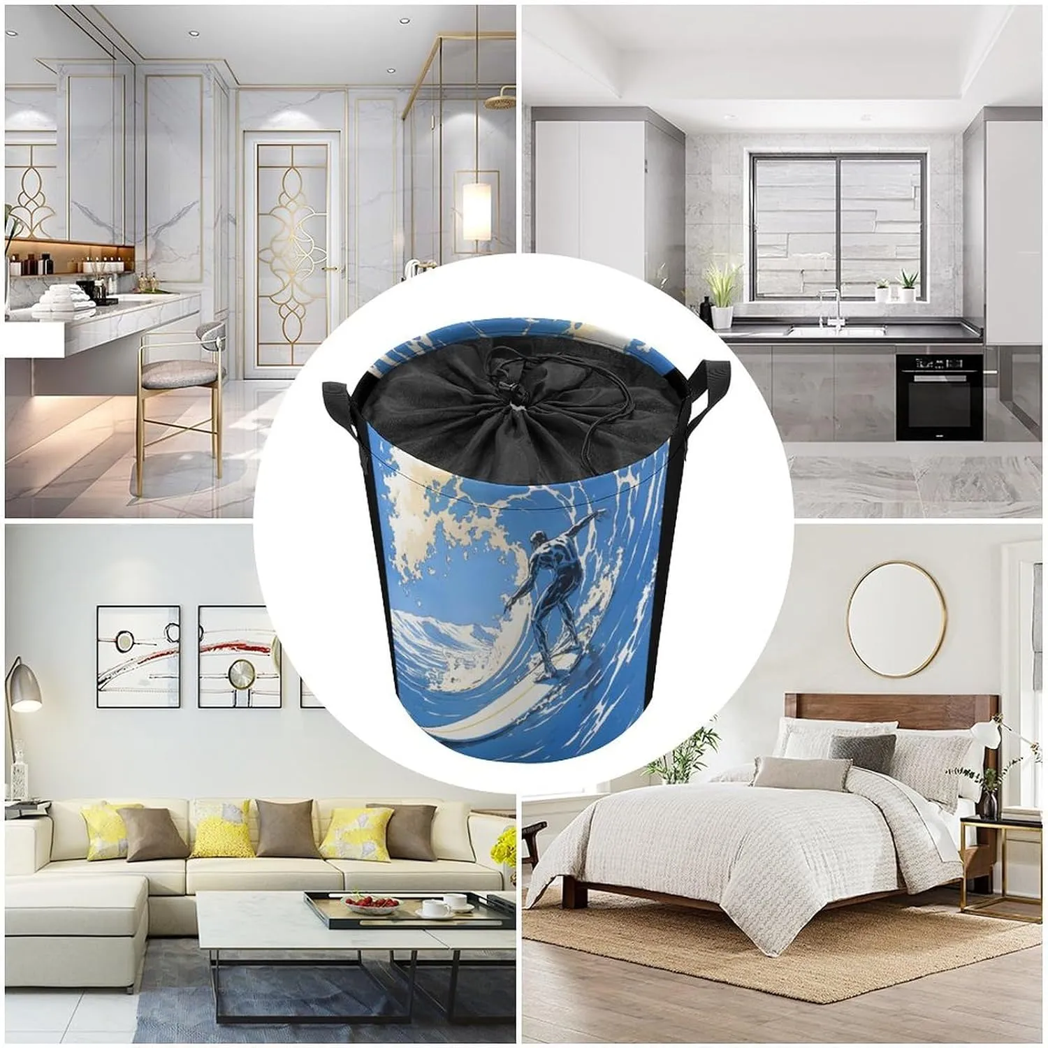 Laundry Hampers, Large Drawstring Laundry Bag, Removable Laundry Bags, Collapsible Storage Bin with Handles for Home Organization, Kids Room, Nursery Azure