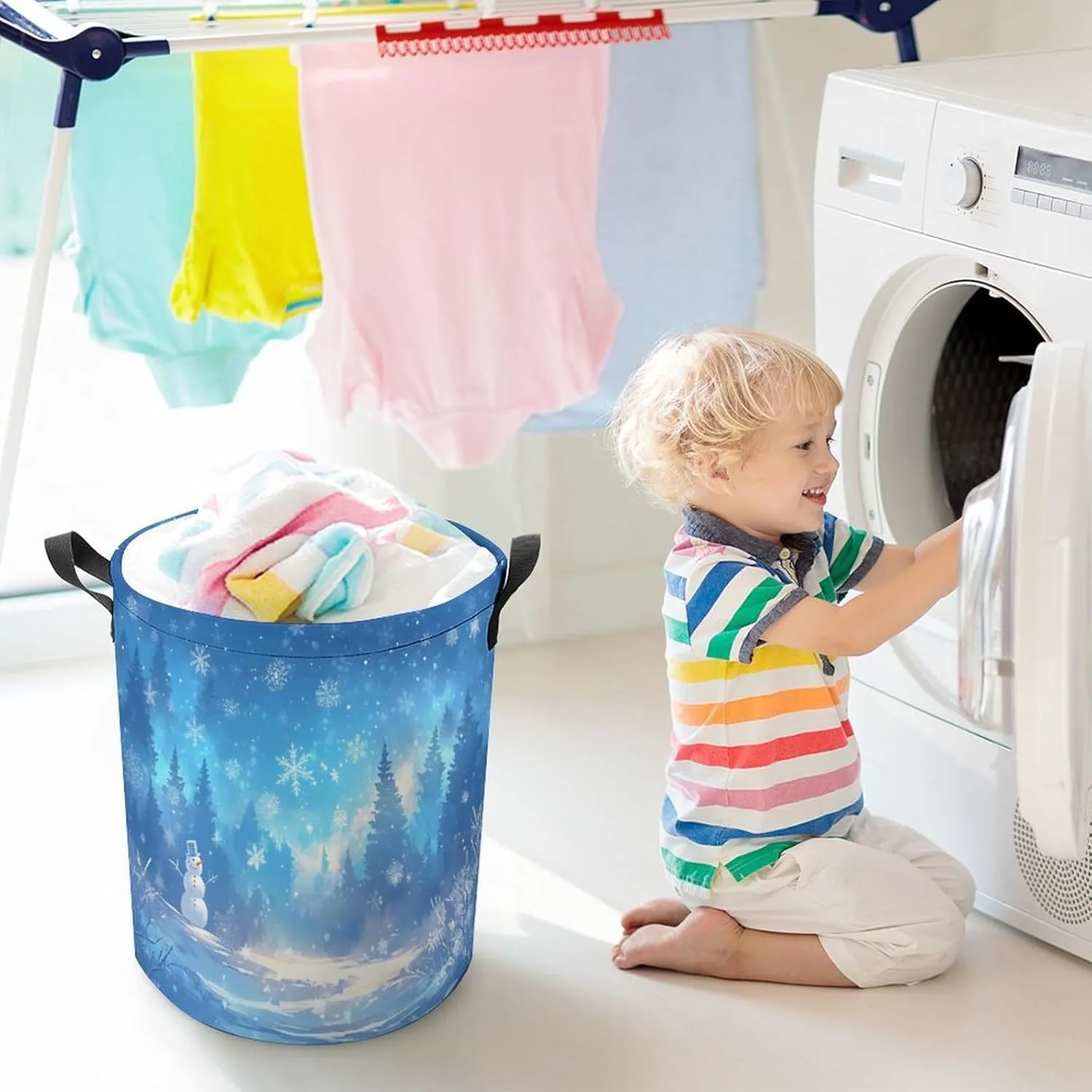 Laundry Hampers, Large Drawstring Laundry Bag, Removable Laundry Bags, Collapsible Storage Bin with Handles for Home Organization, Kids Room, Nursery Blue