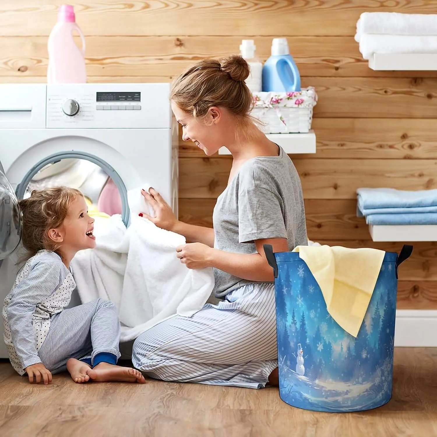 Laundry Hampers, Large Drawstring Laundry Bag, Removable Laundry Bags, Collapsible Storage Bin with Handles for Home Organization, Kids Room, Nursery Blue