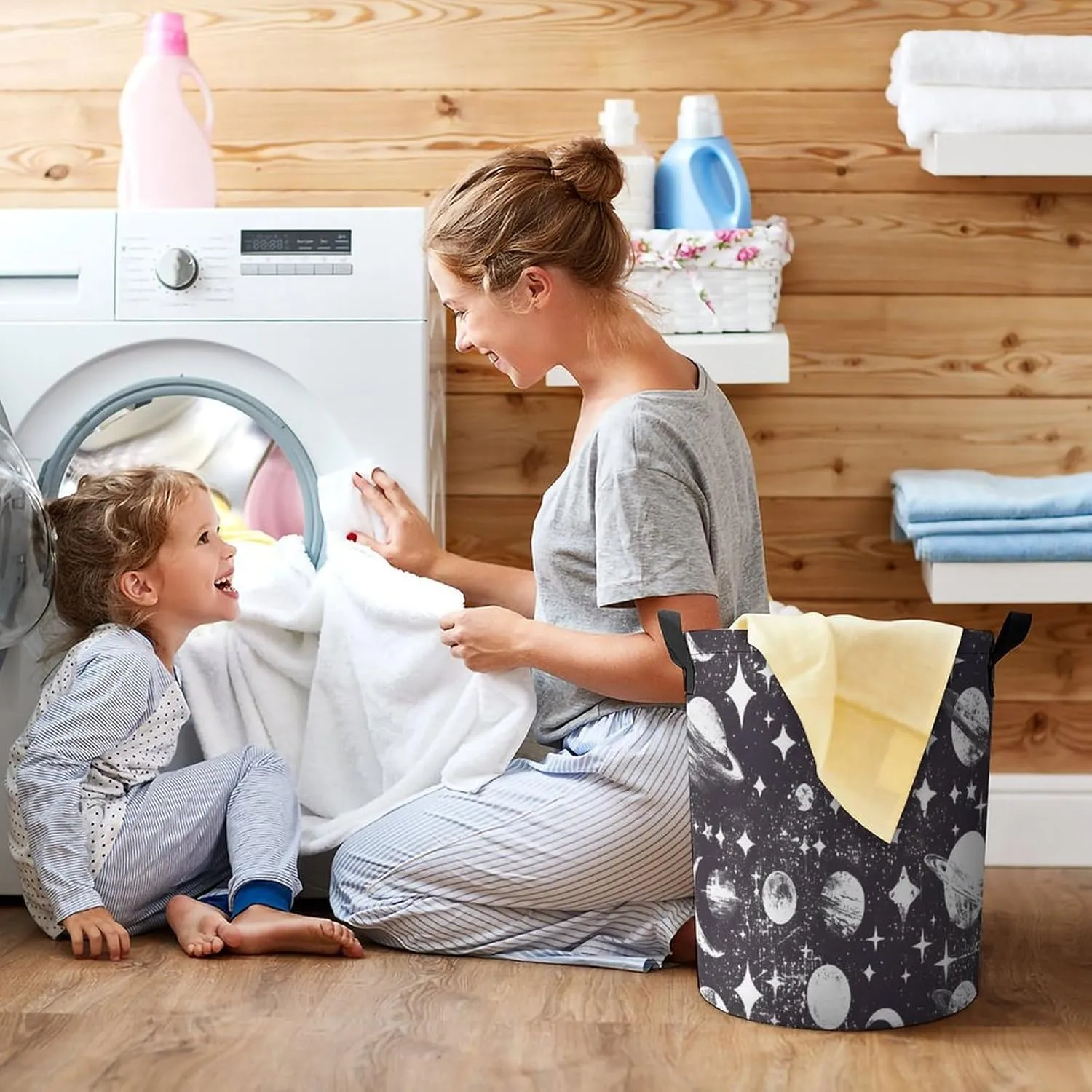 Laundry Hampers, Large Drawstring Laundry Bag, Removable Laundry Bags, Collapsible Storage Bin with Handles for Home Organization, Kids Room, Nursery Circle