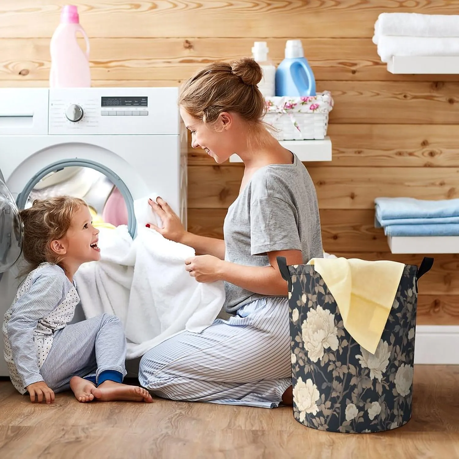 Laundry Hampers, Large Drawstring Laundry Bag, Removable Laundry Bags, Collapsible Storage Bin with Handles for Home Organization, Kids Room, Nursery Flowering Plant