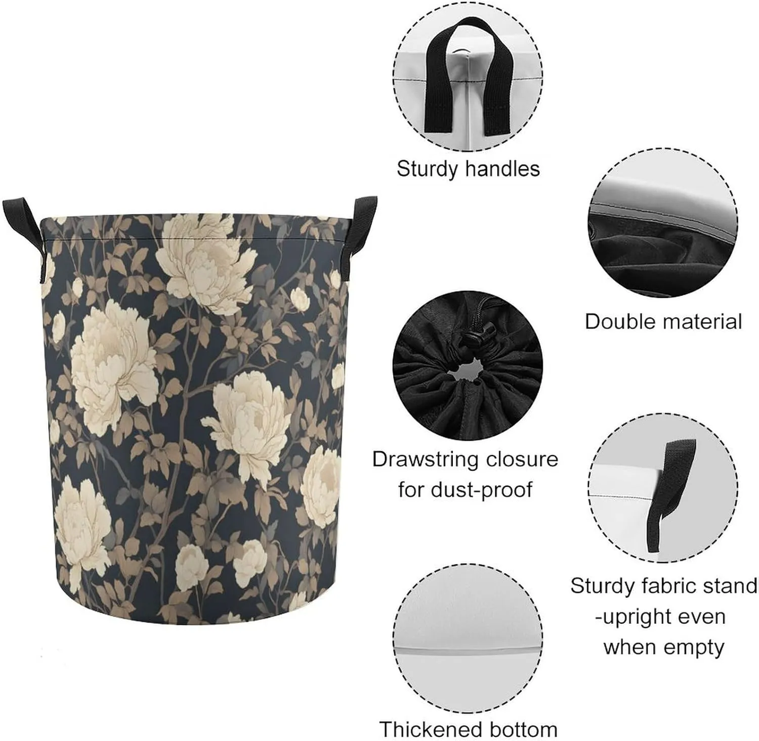 Laundry Hampers, Large Drawstring Laundry Bag, Removable Laundry Bags, Collapsible Storage Bin with Handles for Home Organization, Kids Room, Nursery Flowering Plant