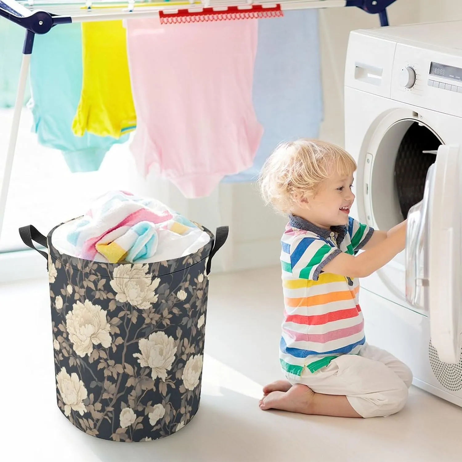Laundry Hampers, Large Drawstring Laundry Bag, Removable Laundry Bags, Collapsible Storage Bin with Handles for Home Organization, Kids Room, Nursery Flowering Plant