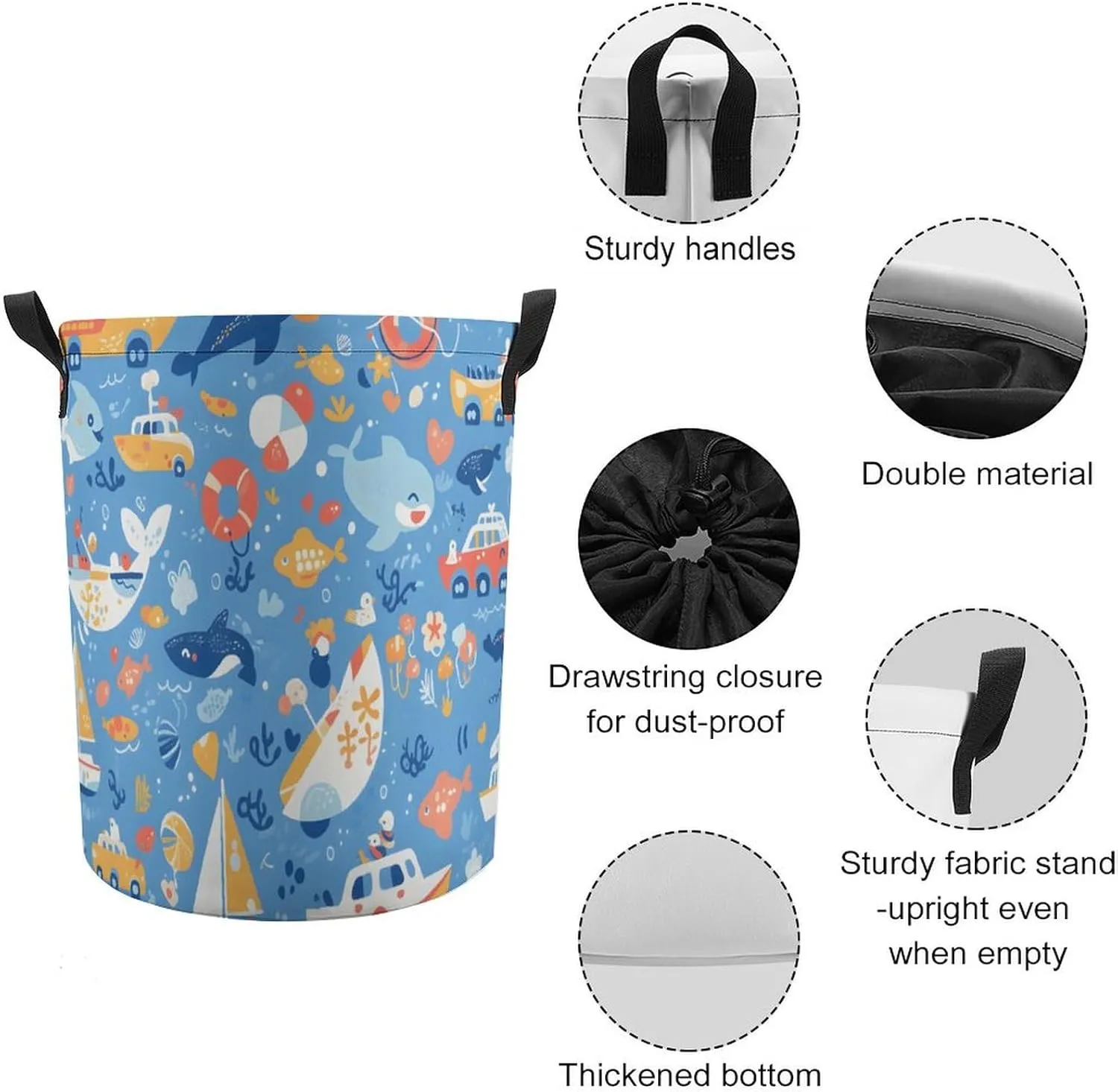 Laundry Hampers, Large Drawstring Laundry Bag, Removable Laundry Bags, Collapsible Storage Bin with Handles for Home Organization, Kids Room, Nursery Font