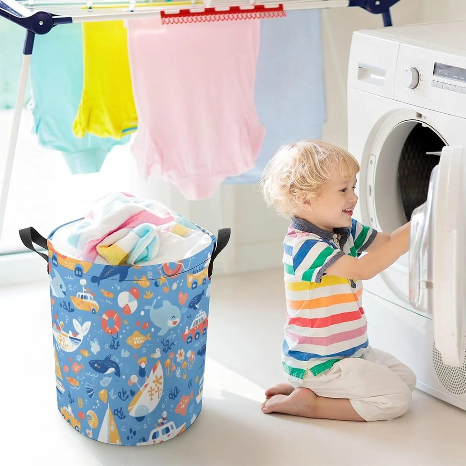 Laundry Hampers, Large Drawstring Laundry Bag, Removable Laundry Bags, Collapsible Storage Bin with Handles for Home Organization, Kids Room, Nursery Font