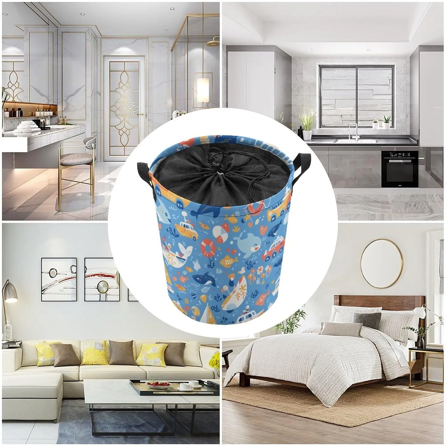 Laundry Hampers, Large Drawstring Laundry Bag, Removable Laundry Bags, Collapsible Storage Bin with Handles for Home Organization, Kids Room, Nursery Font
