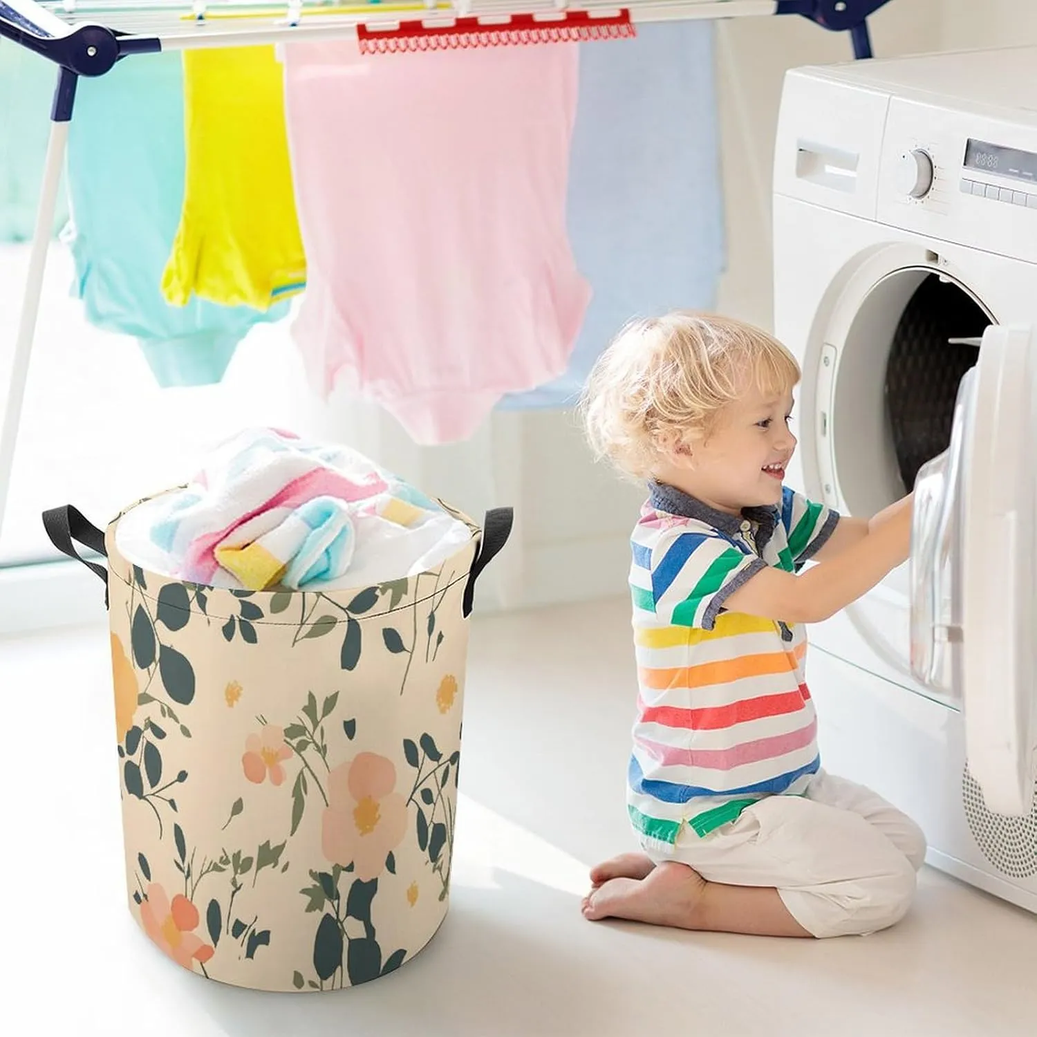 Laundry Hampers, Large Drawstring Laundry Bag, Removable Laundry Bags, Collapsible Storage Bin with Handles for Home Organization, Kids Room, Nursery Leaf