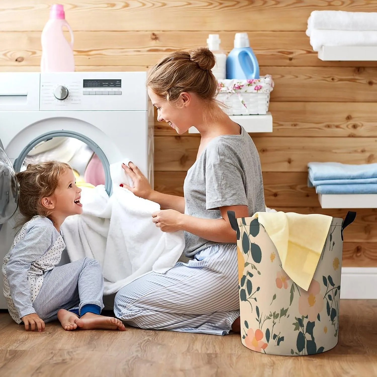 Laundry Hampers, Large Drawstring Laundry Bag, Removable Laundry Bags, Collapsible Storage Bin with Handles for Home Organization, Kids Room, Nursery Leaf