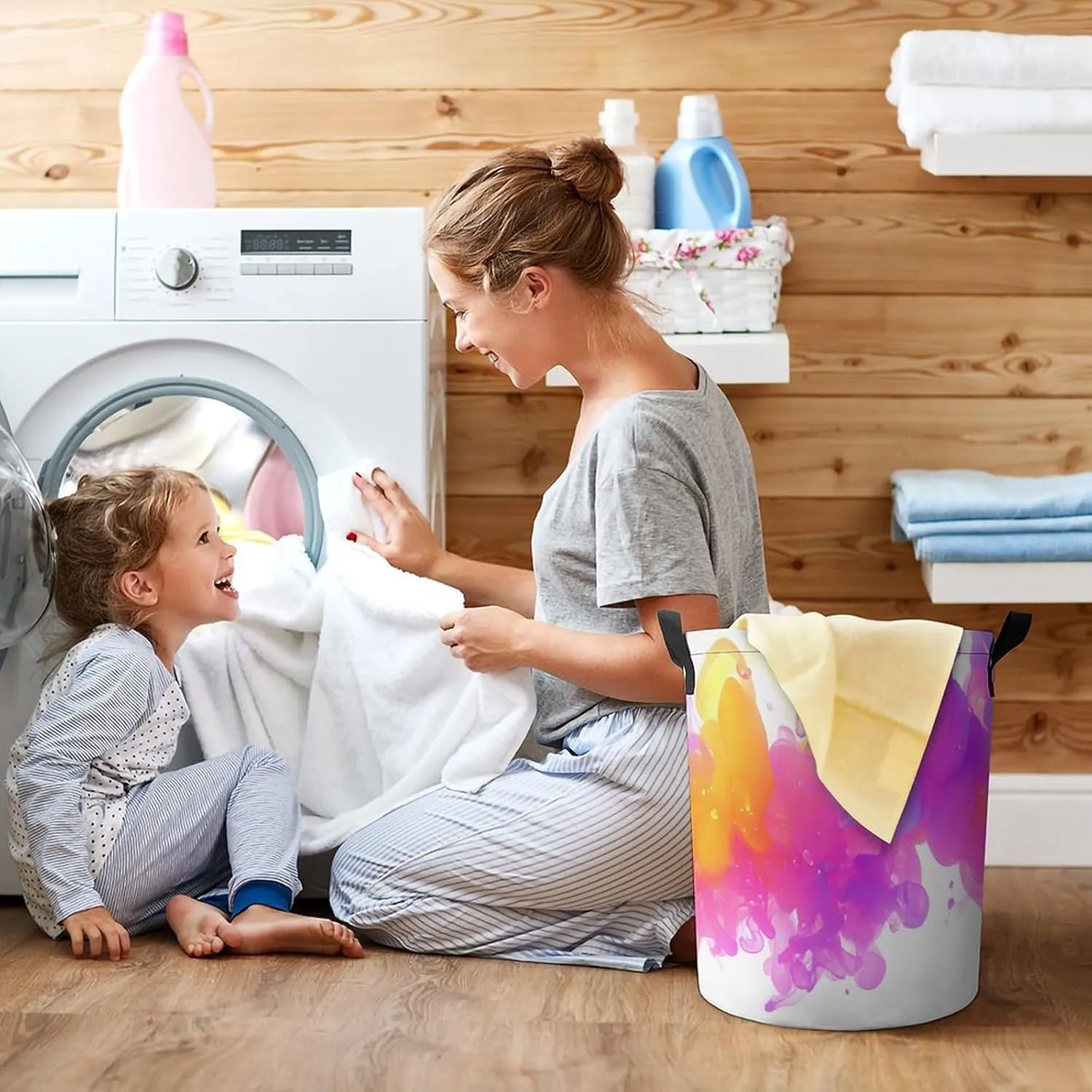Laundry Hampers, Large Drawstring Laundry Bag, Removable Laundry Bags, Collapsible Storage Bin with Handles for Home Organization, Kids Room, Nursery Magenta