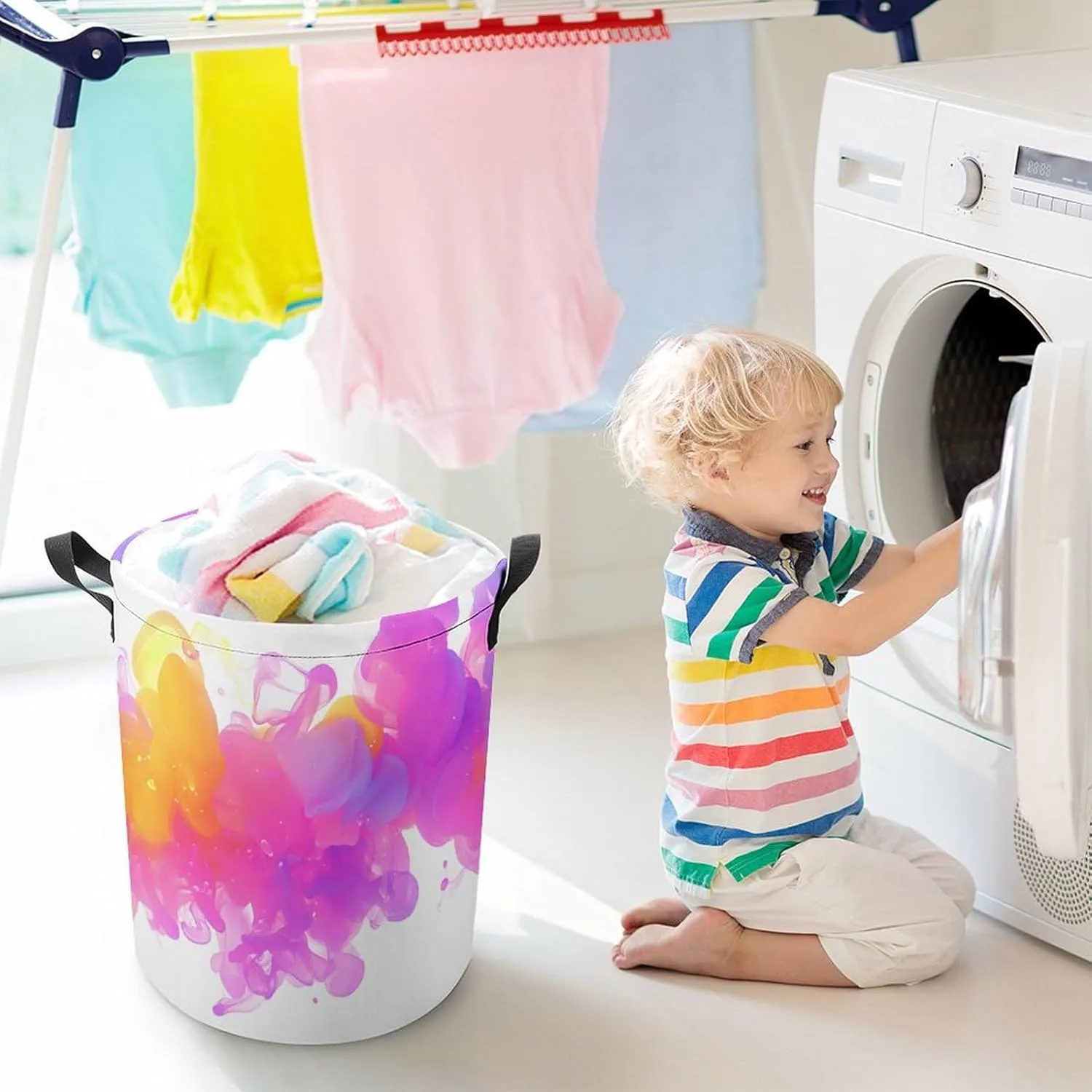 Laundry Hampers, Large Drawstring Laundry Bag, Removable Laundry Bags, Collapsible Storage Bin with Handles for Home Organization, Kids Room, Nursery Magenta
