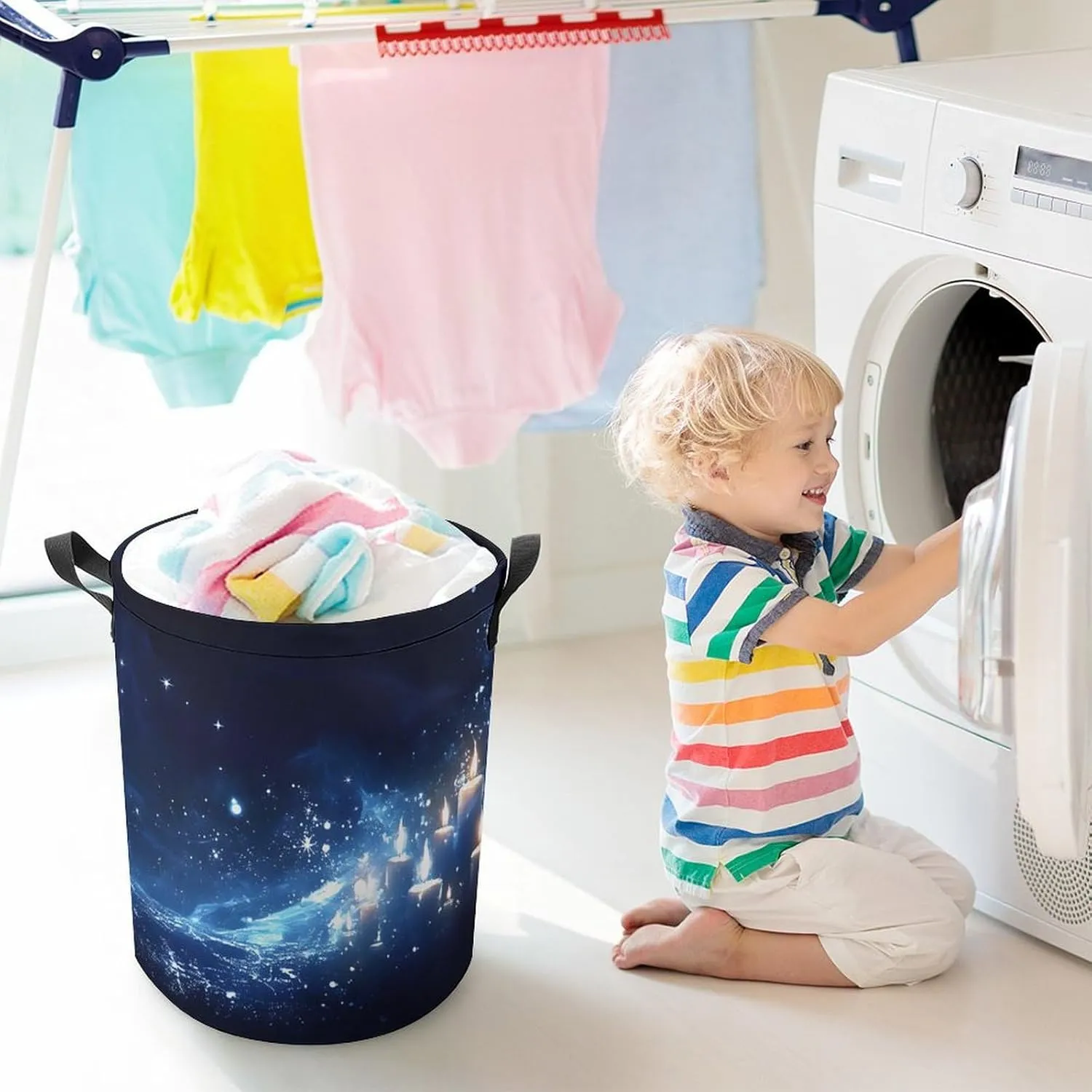 Laundry Hampers, Large Drawstring Laundry Bag, Removable Laundry Bags, Collapsible Storage Bin with Handles for Home Organization, Kids Room, Nursery Midnight