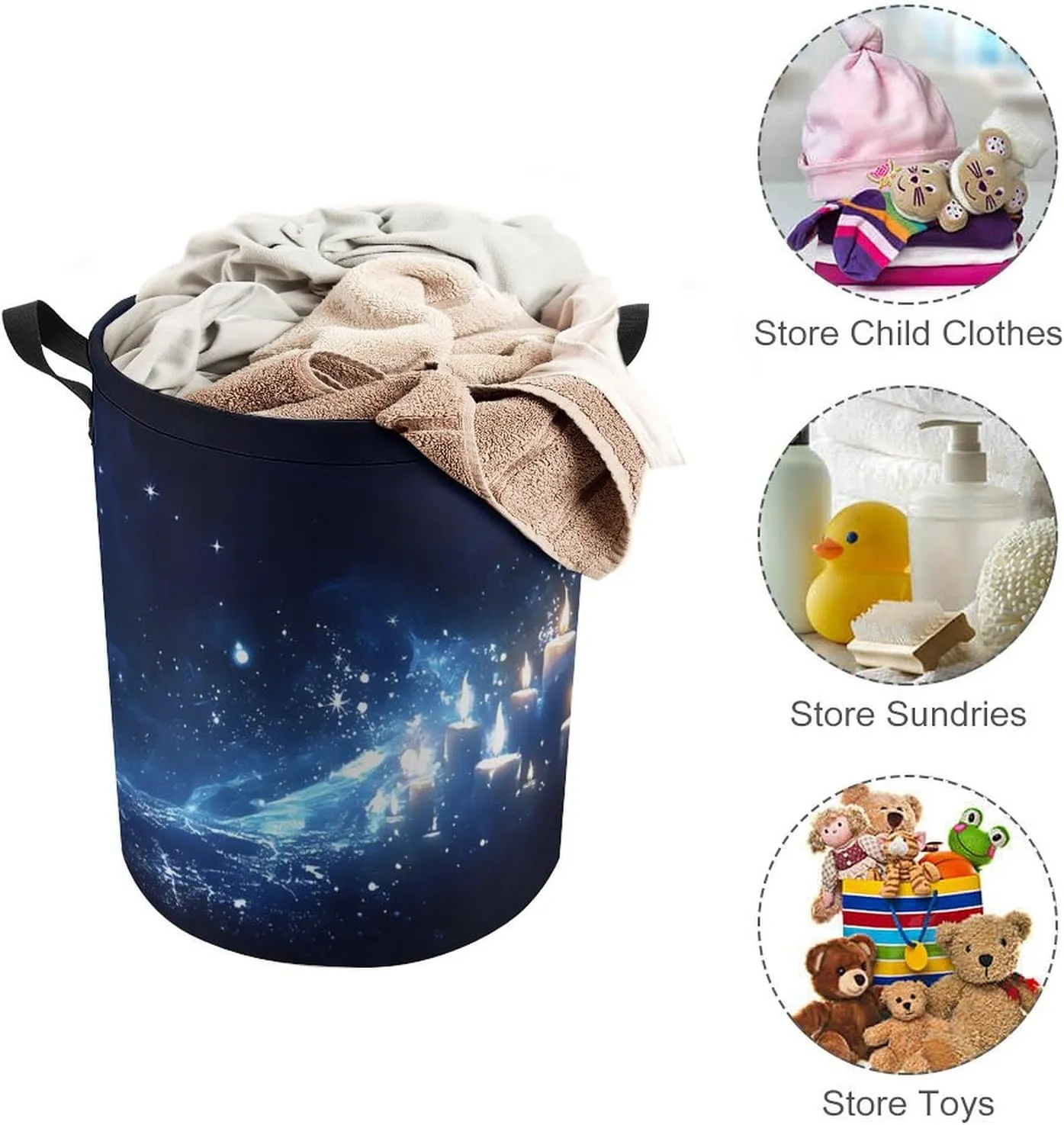 Laundry Hampers, Large Drawstring Laundry Bag, Removable Laundry Bags, Collapsible Storage Bin with Handles for Home Organization, Kids Room, Nursery Midnight