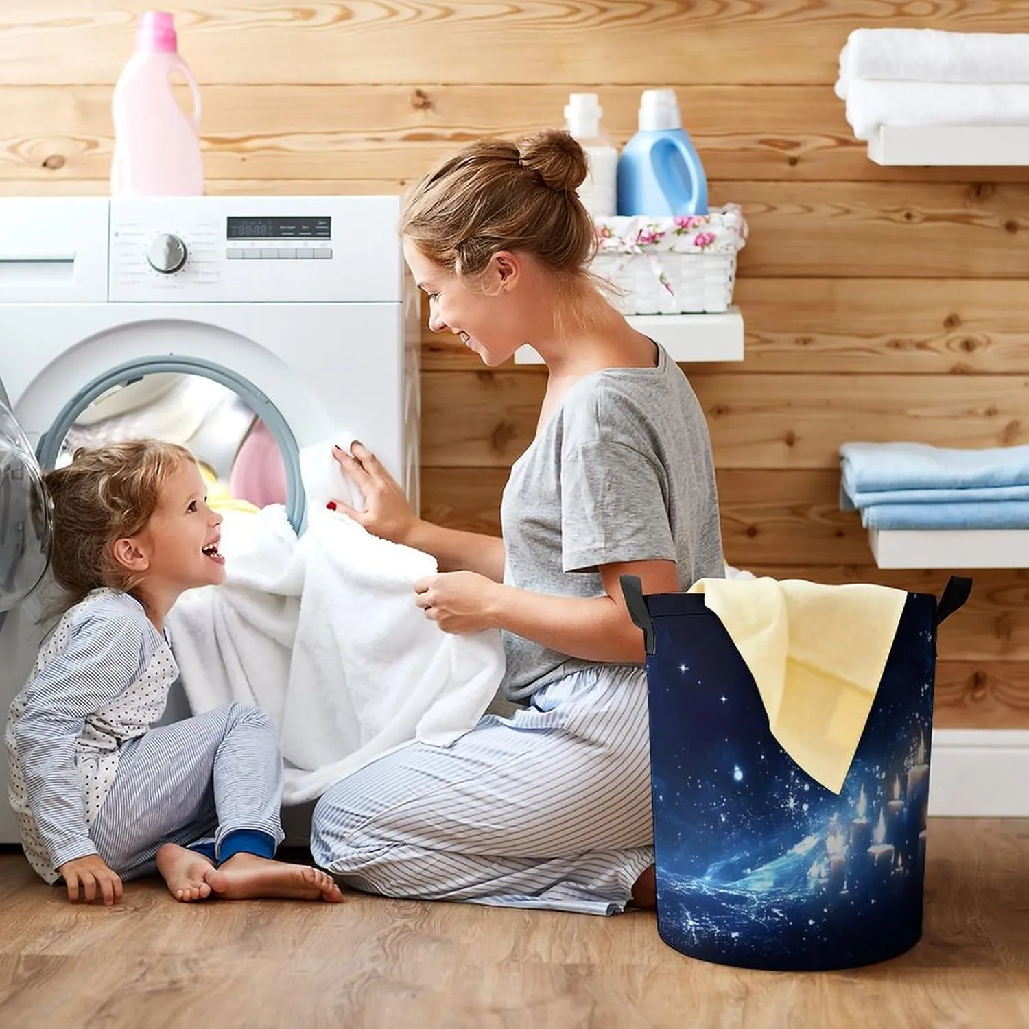 Laundry Hampers, Large Drawstring Laundry Bag, Removable Laundry Bags, Collapsible Storage Bin with Handles for Home Organization, Kids Room, Nursery Midnight