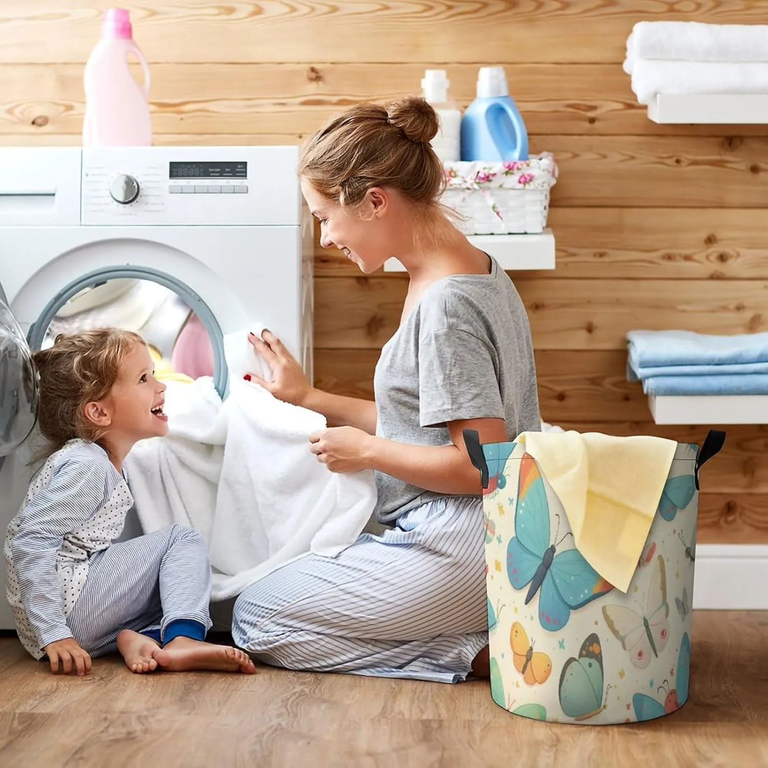 Laundry Hampers, Large Drawstring Laundry Bag, Removable Laundry Bags, Collapsible Storage Bin with Handles for Home Organization, Kids Room, Nursery Moths And Butterflies