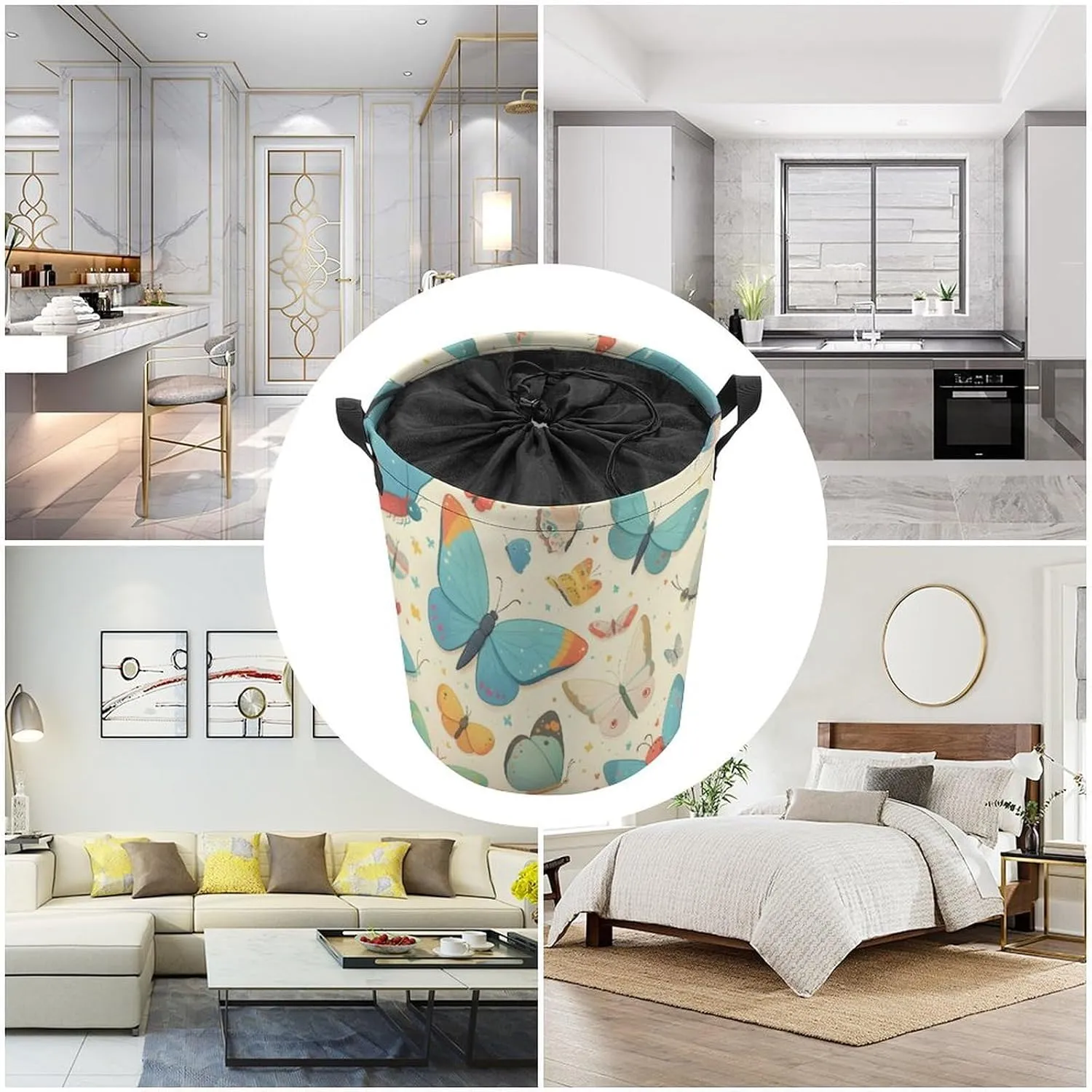 Laundry Hampers, Large Drawstring Laundry Bag, Removable Laundry Bags, Collapsible Storage Bin with Handles for Home Organization, Kids Room, Nursery Moths And Butterflies