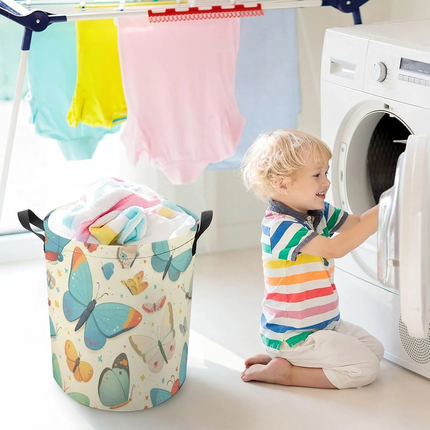 Laundry Hampers, Large Drawstring Laundry Bag, Removable Laundry Bags, Collapsible Storage Bin with Handles for Home Organization, Kids Room, Nursery Moths And Butterflies