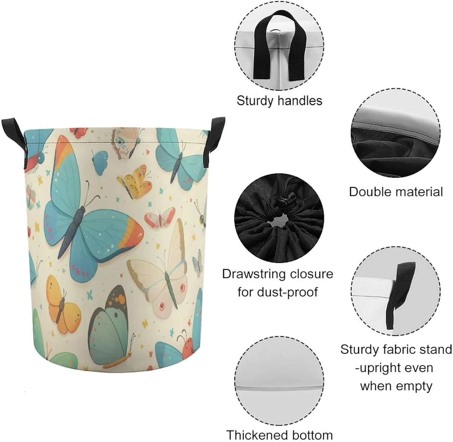 Laundry Hampers, Large Drawstring Laundry Bag, Removable Laundry Bags, Collapsible Storage Bin with Handles for Home Organization, Kids Room, Nursery Moths And Butterflies