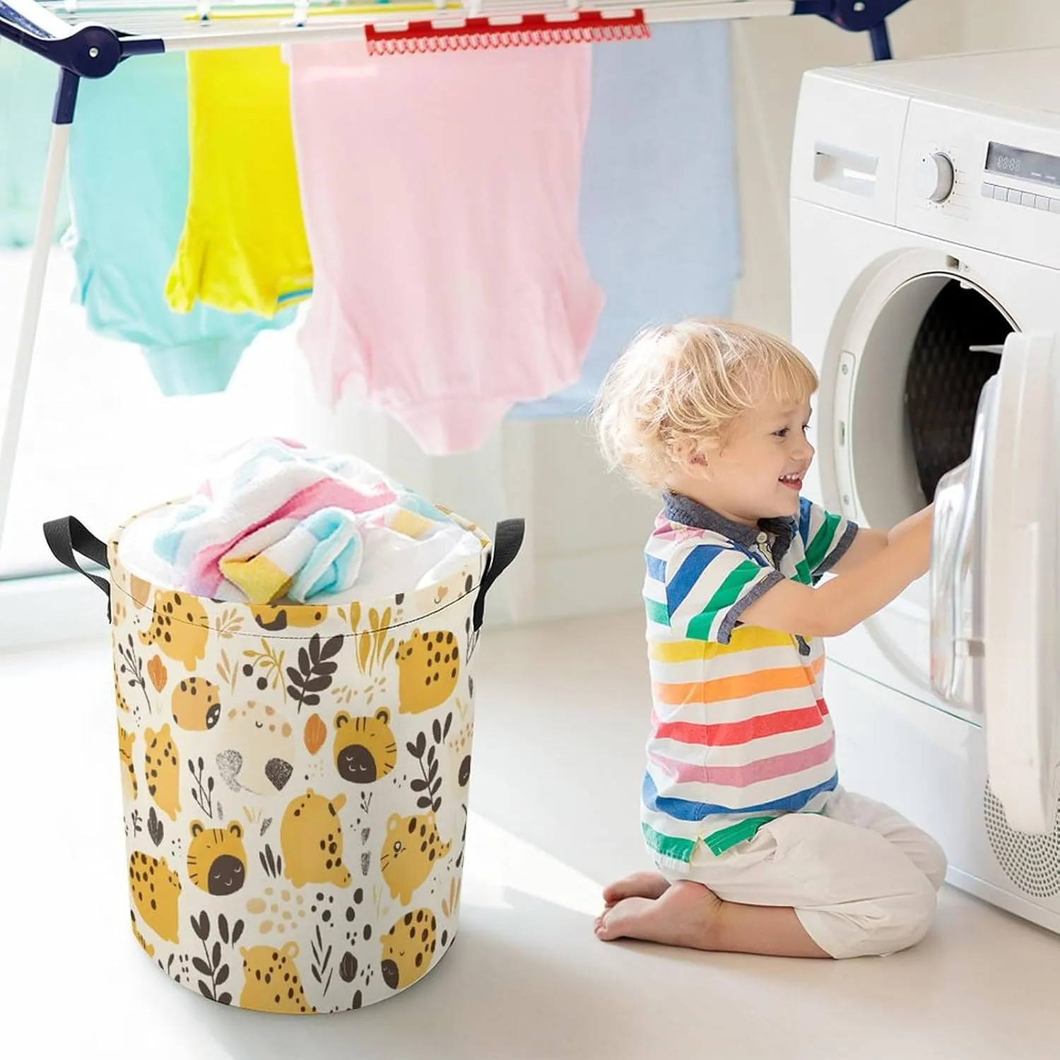 Laundry Hampers, Large Drawstring Laundry Bag, Removable Laundry Bags, Collapsible Storage Bin with Handles for Home Organization, Kids Room, Nursery Vertebrate