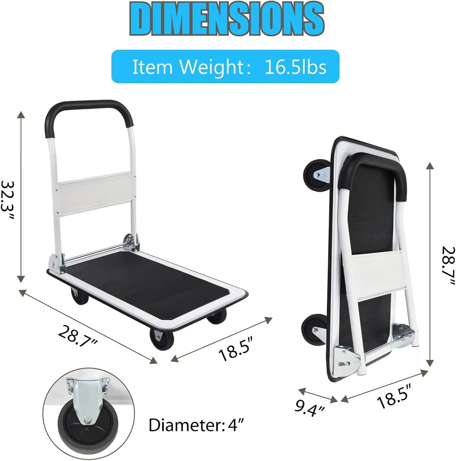 LEADALLWAY Foldable Push Cart Platform Cart 330lbs Capacity 4 Wheels 28.7x18.5x32.3inches White Small Flatbed Cart