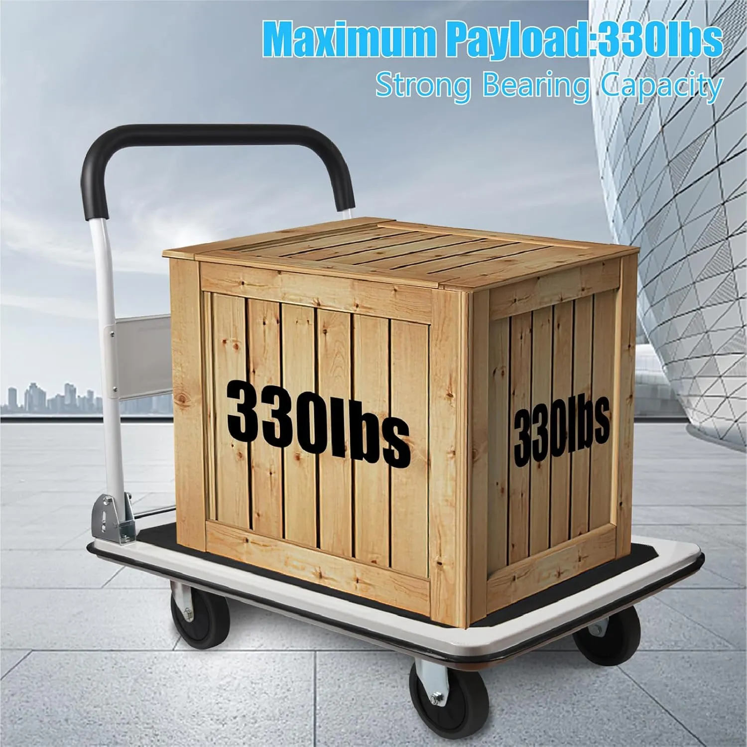 LEADALLWAY Foldable Push Cart Platform Cart 330lbs Capacity 4 Wheels 28.7x18.5x32.3inches White Small Flatbed Cart
