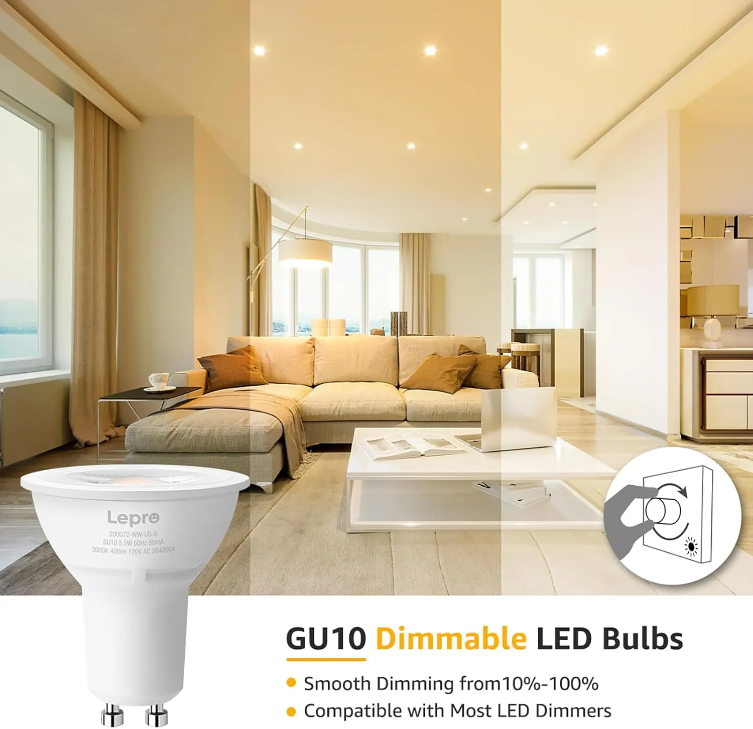 Lepro GU10 LED Bulb Dimmable, 50W Halogen Equivalent Light Bulbs, 5.5W 3000K Soft Warm Light Replacement for Recessed Track Lighting,40°Spotlight for Kitchen Range Hood Living Room & Bedroom, 6 Pack