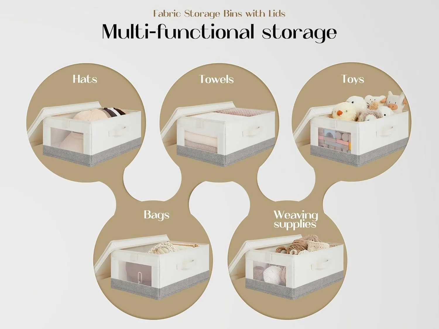LoforHoney Home Fabric Storage Bins with Lids, Foldable Clothes Baskets with Clear Window, Closet Storage Bins with Durable Handles, Beige, 2-Pack