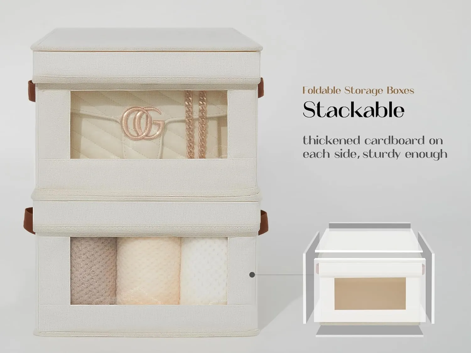 LoforHoney Home Fabric Storage Bins with Lids, Foldable Clothes Baskets with Clear Window, Closet Storage Bins with Durable Handles, Beige, 2-Pack