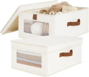 LoforHoney Home Fabric Storage Bins with Lids, Foldable Clothes Baskets with Clear Window, Closet Storage Bins with Durable Handles, Beige, 2-Pack