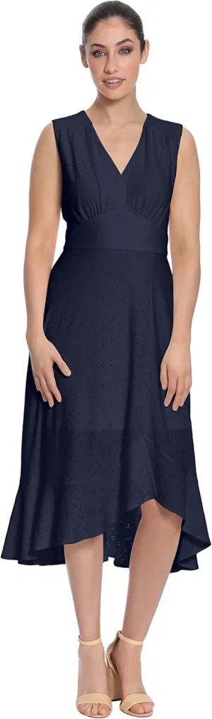 London Times Women's Sleeveless V-Neck Hi-Low Fit and Flare Dress