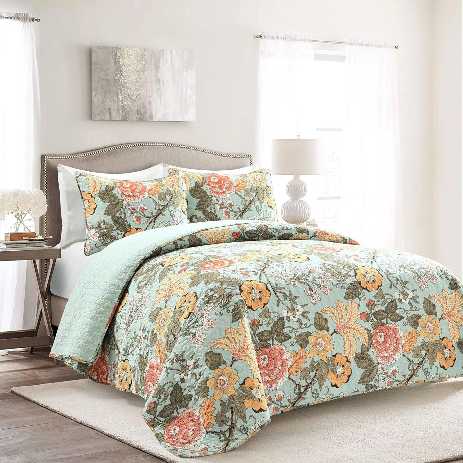 Lush Decor Blue and Green Sydney 3-Piece Quilt Set, Luxury Bedding (King)