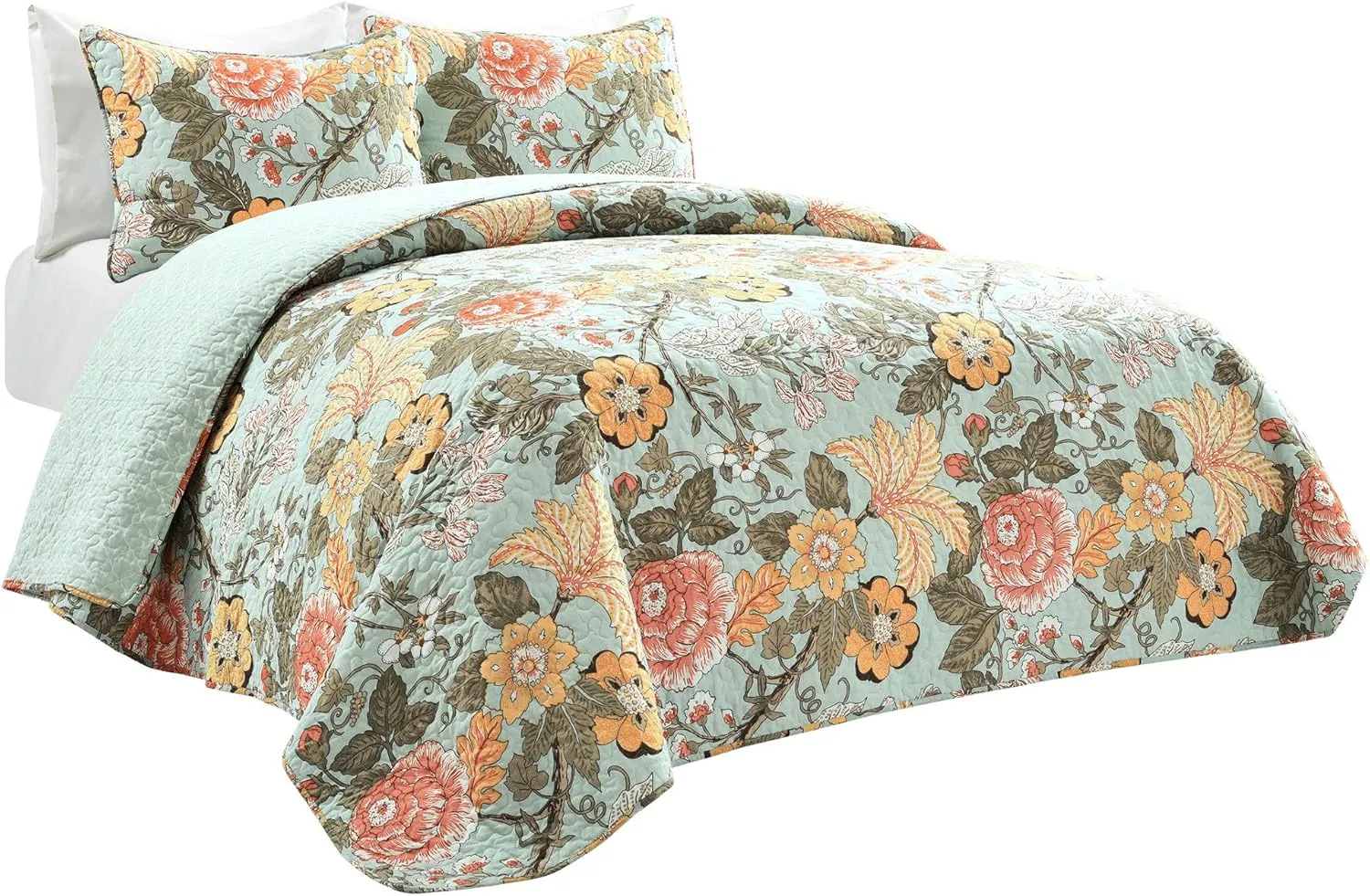 Lush Decor Blue and Green Sydney 3-Piece Quilt Set, Luxury Bedding (King)