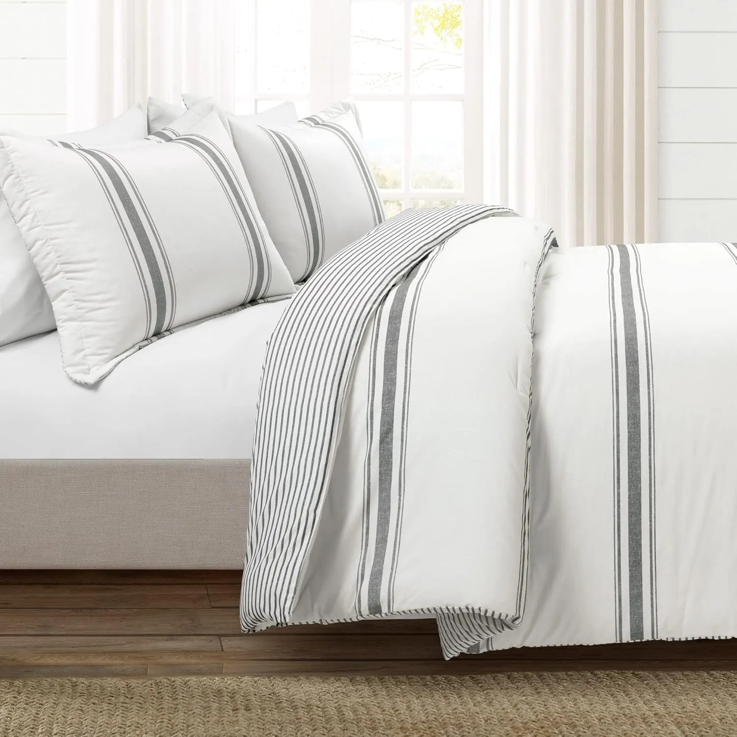 Lush Decor Farmhouse Stripe Reversible Cotton Comforter Set, 3 Piece Set, Full/ Queen, Dark Gray - Cozy Farmhouse Bedding Set - Rustic Decor - Striped Comforter - Modern Farmhouse Bedroom Decor