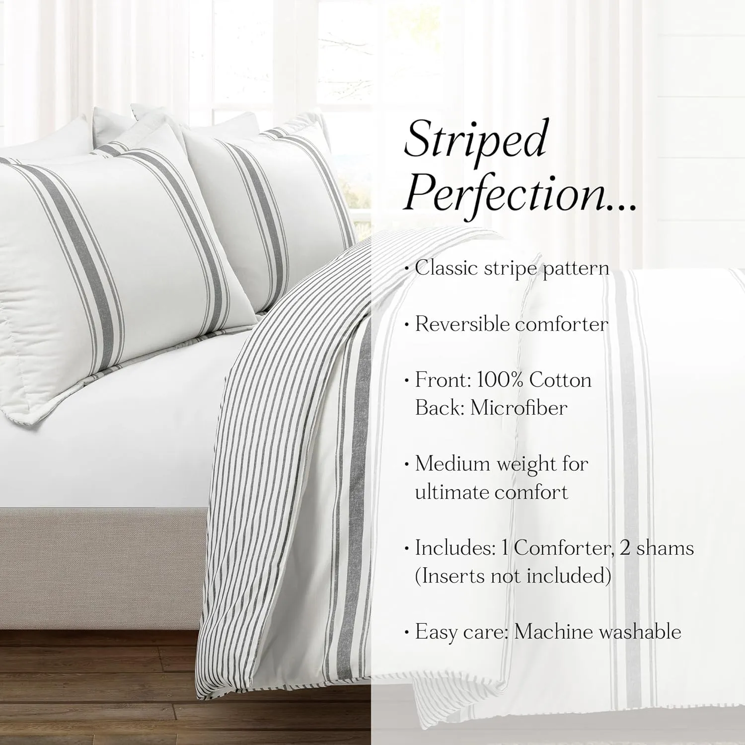 Lush Decor Farmhouse Stripe Reversible Cotton Comforter Set, 3 Piece Set, Full/ Queen, Dark Gray - Cozy Farmhouse Bedding Set - Rustic Decor - Striped Comforter - Modern Farmhouse Bedroom Decor
