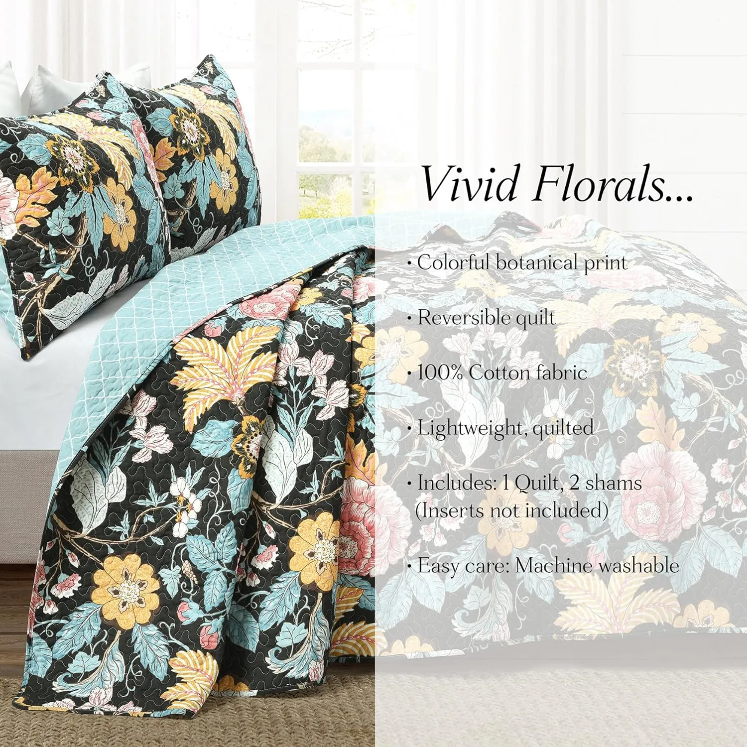 Lush Decor Sydney 3 Piece Quilt Set, Black & Blue, Full Queen