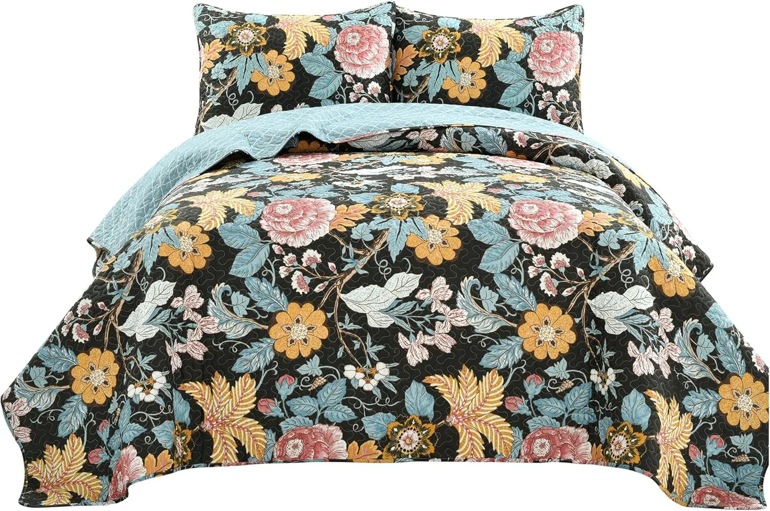 Lush Decor Sydney 3 Piece Quilt Set, Black & Blue, Full Queen