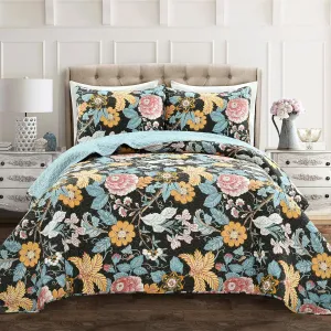 Lush Decor Sydney 3 Piece Quilt Set, Black & Blue, Full Queen