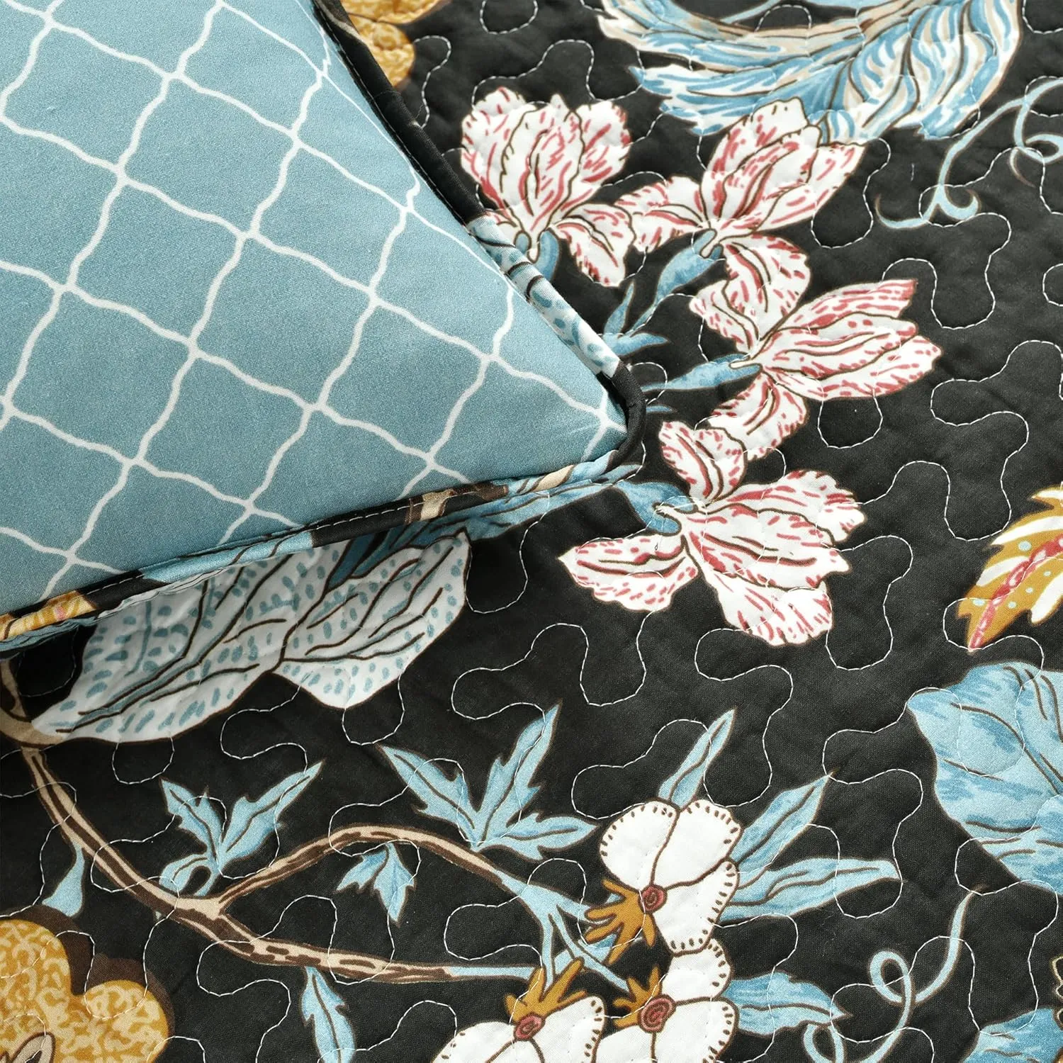 Lush Decor Sydney 3 Piece Quilt Set, Black & Blue, Full Queen