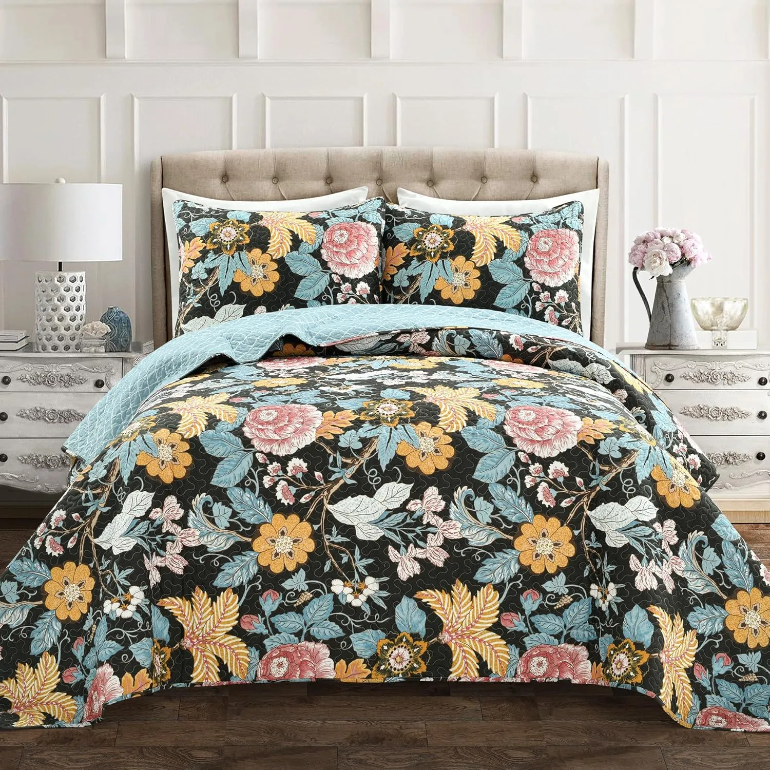 Lush Decor Sydney 3 Piece Quilt Set, Black & Blue, Full Queen