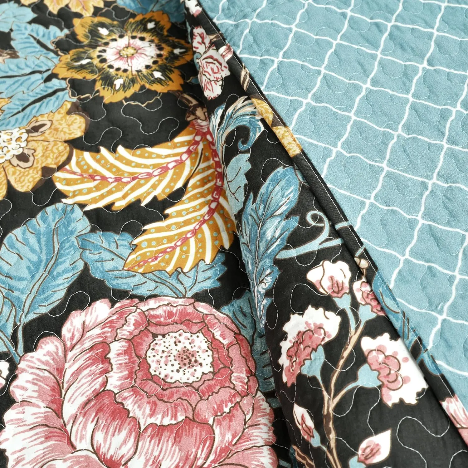 Lush Decor Sydney 3 Piece Quilt Set, Black & Blue, Full Queen
