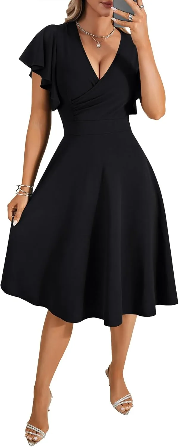 LYANER Women's Warp V Neck Ruffle Short Sleeve A Line Swing Flared Cocktail Party Midi Dress