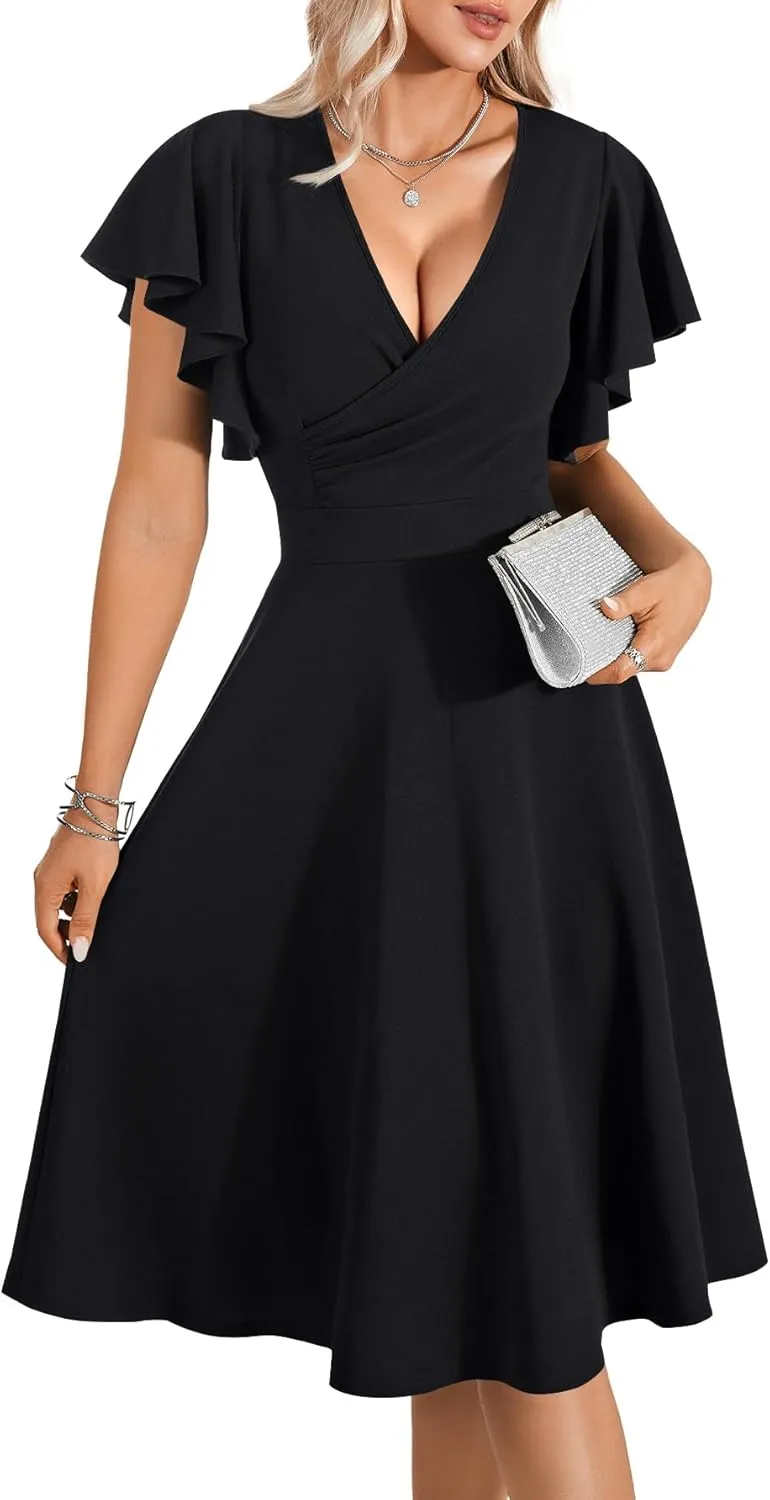 LYANER Women's Warp V Neck Ruffle Short Sleeve A Line Swing Flared Cocktail Party Midi Dress