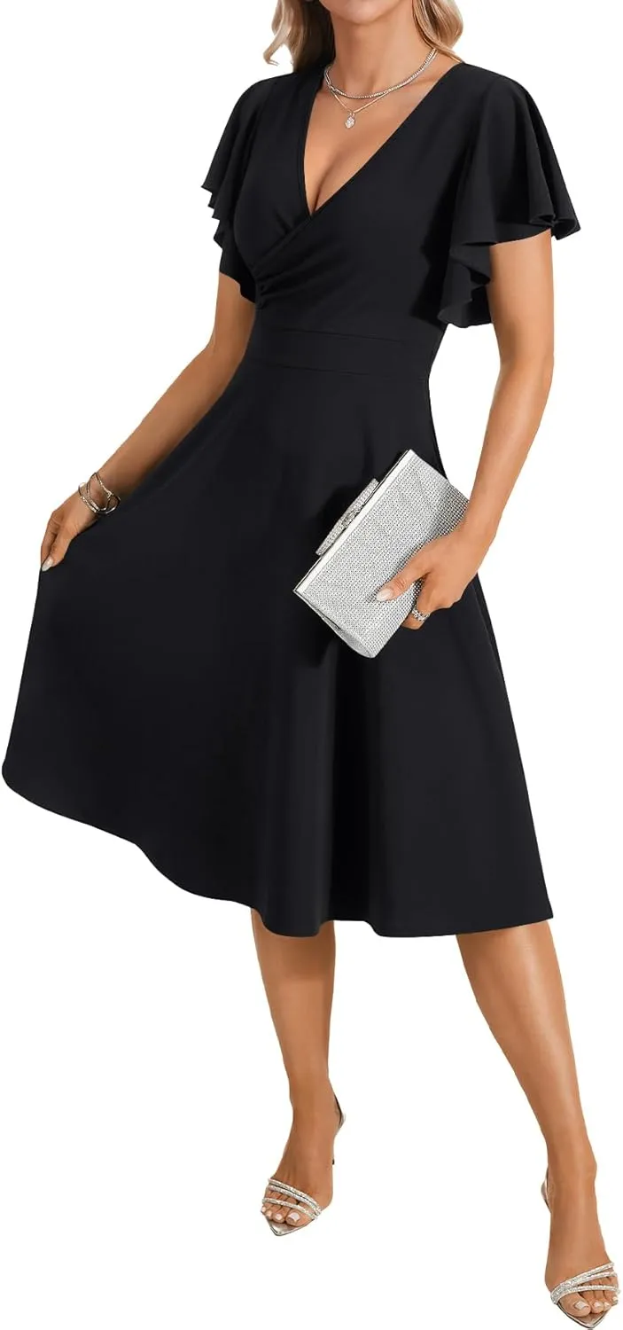LYANER Women's Warp V Neck Ruffle Short Sleeve A Line Swing Flared Cocktail Party Midi Dress