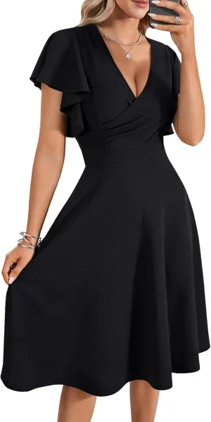 LYANER Women's Warp V Neck Ruffle Short Sleeve A Line Swing Flared Cocktail Party Midi Dress