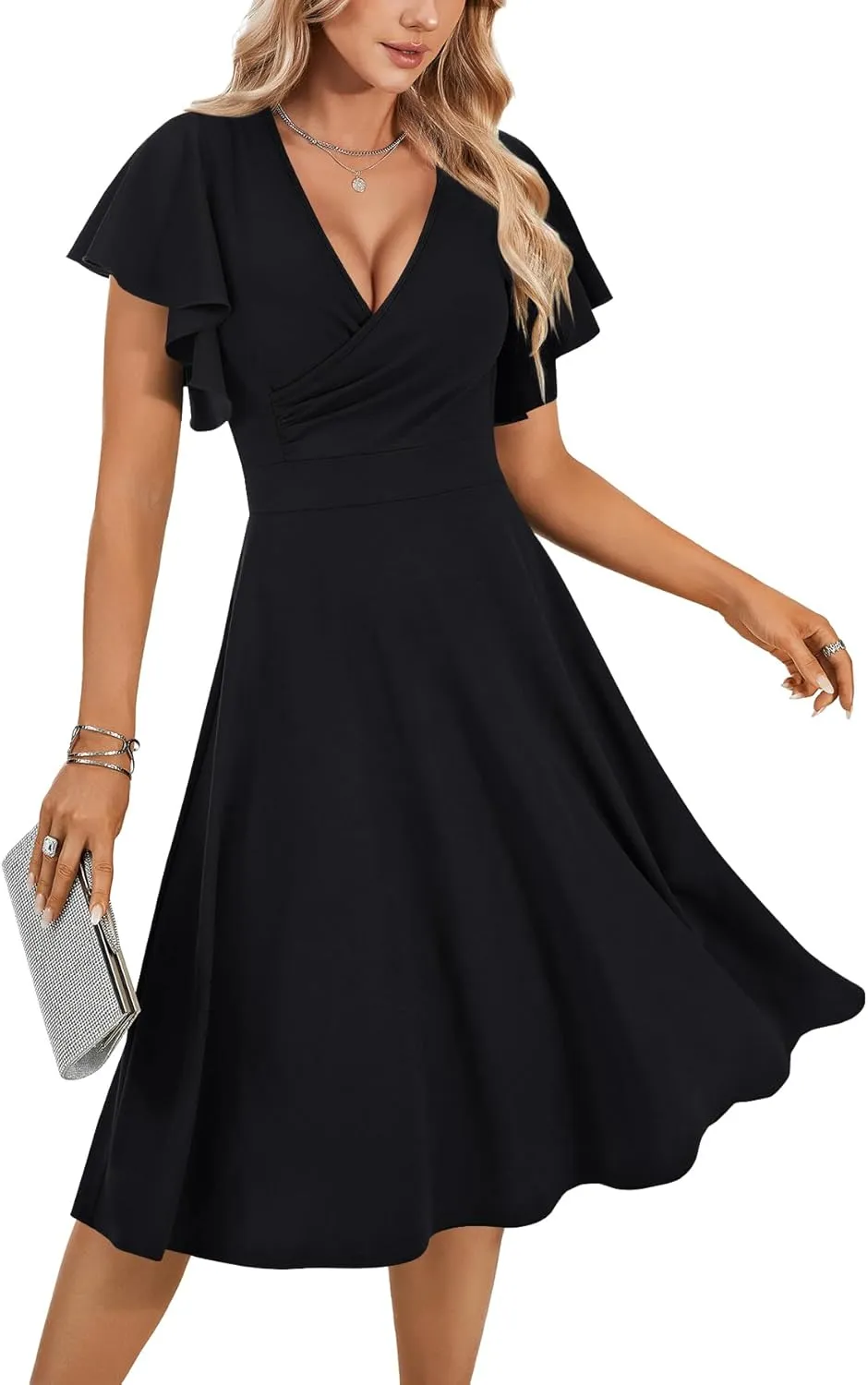 LYANER Women's Warp V Neck Ruffle Short Sleeve A Line Swing Flared Cocktail Party Midi Dress