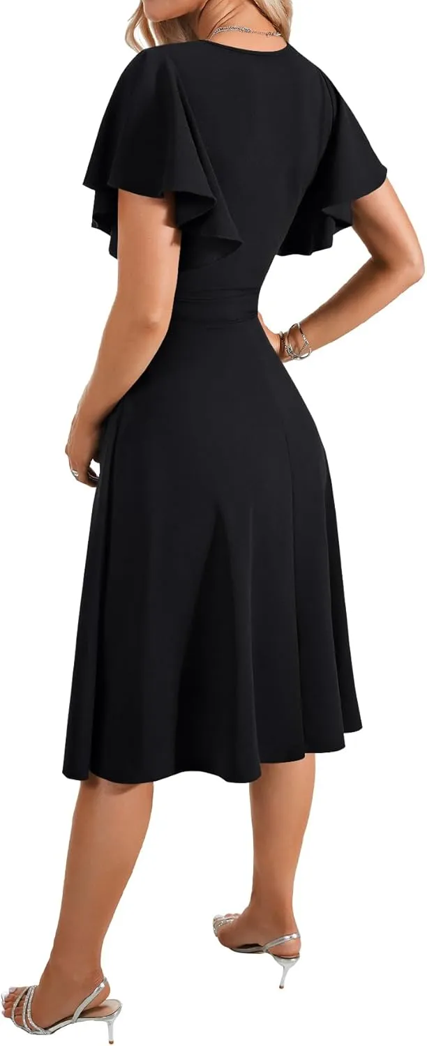 LYANER Women's Warp V Neck Ruffle Short Sleeve A Line Swing Flared Cocktail Party Midi Dress