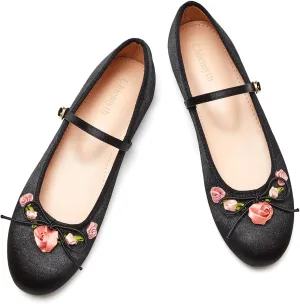 Mary Jane Flats;Round Toe Ballet Flat;Satin Floral Design Women Shoes